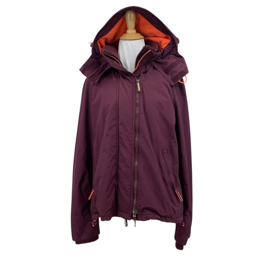 Superdry Jacket Womens L Large Maroon Windcheater Full Zip Hooded Double Zip